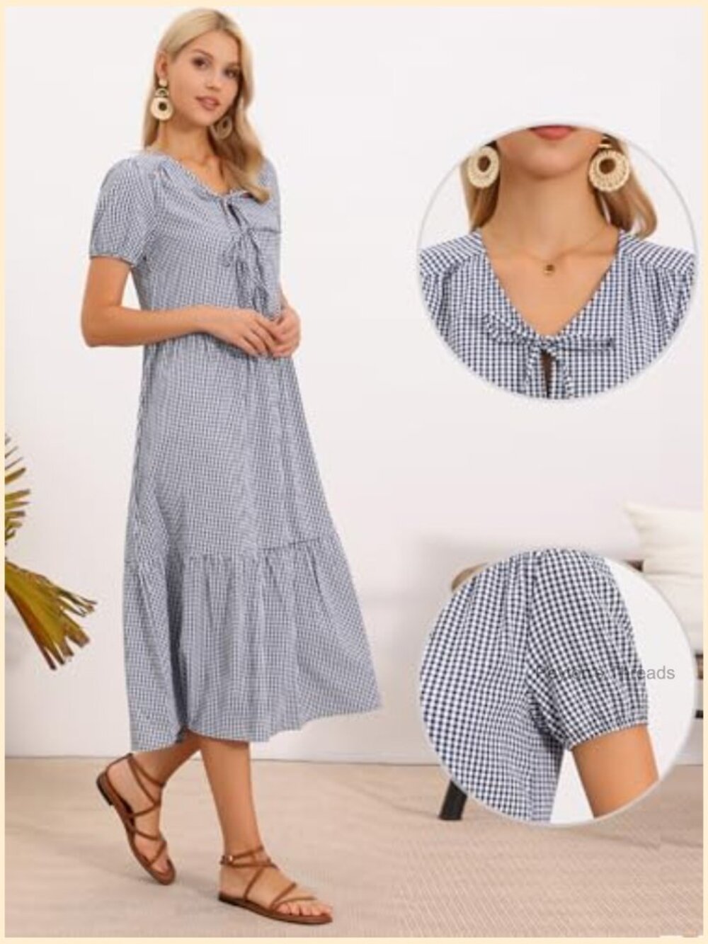 Gingham Midi Dress with Tie Front Short Sleeve Flowy Beach Dress - Picture 4 of 6